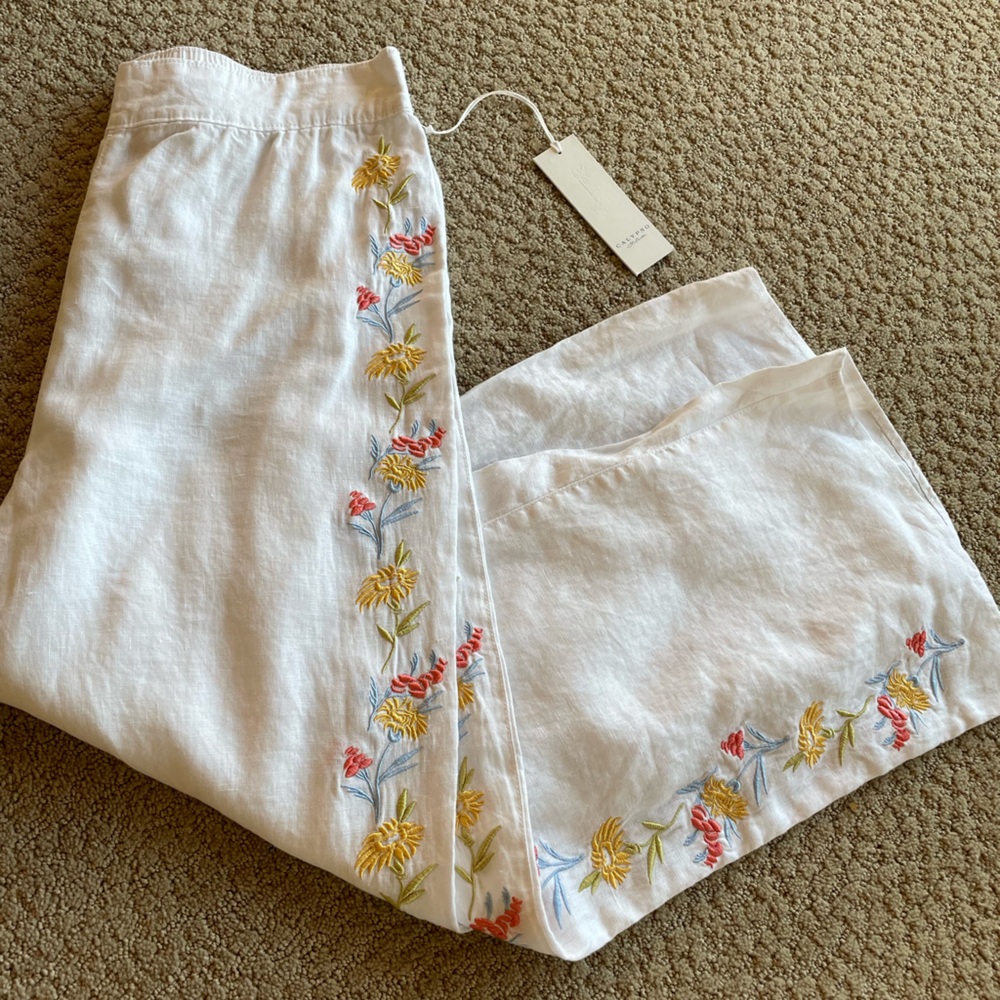 Calypso St. Barth embroidered white 100% linen pants - Picture 3 of 11